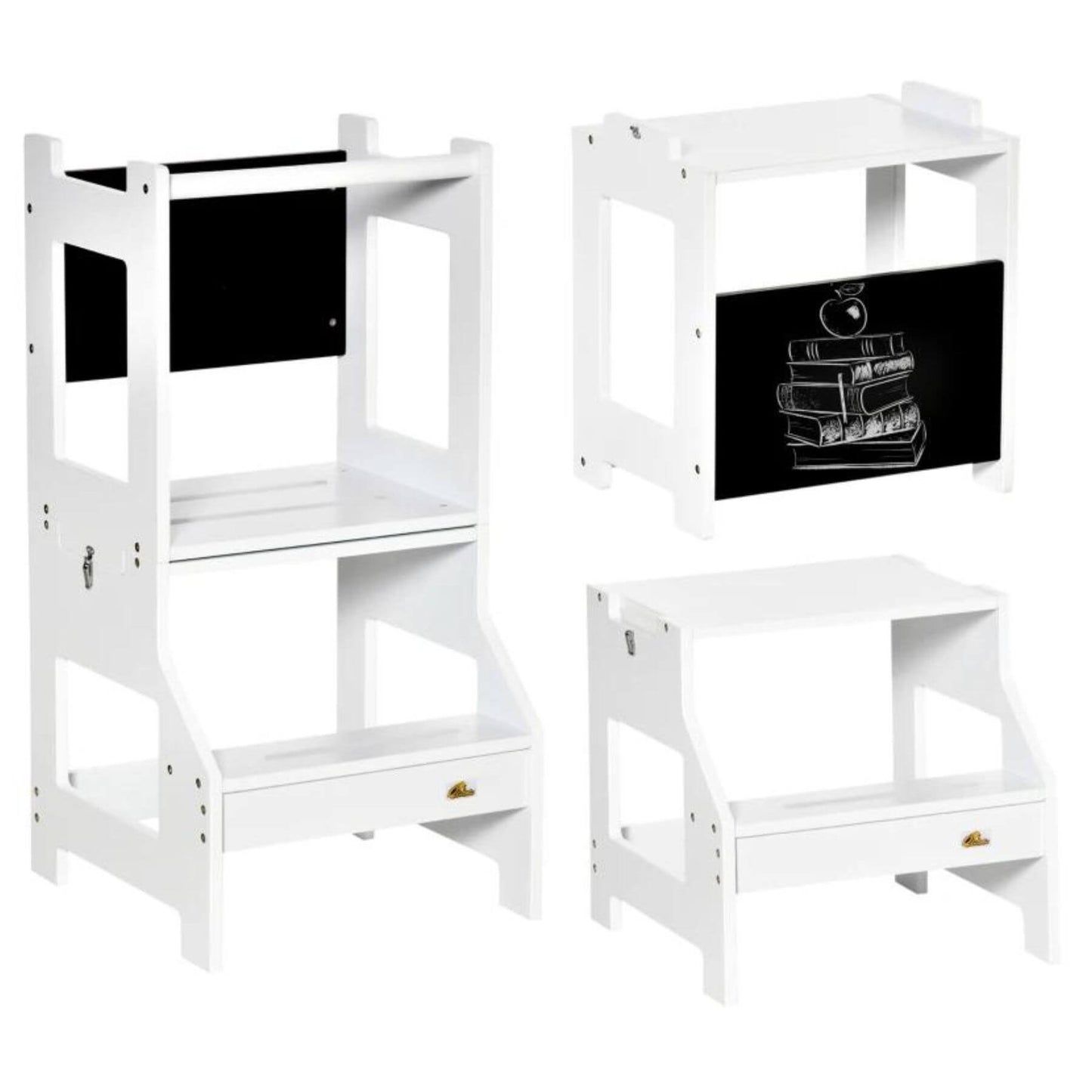 Qaba 2-in-1 Kitchen Table Set Toddler Standing Tower with Chalkboard White