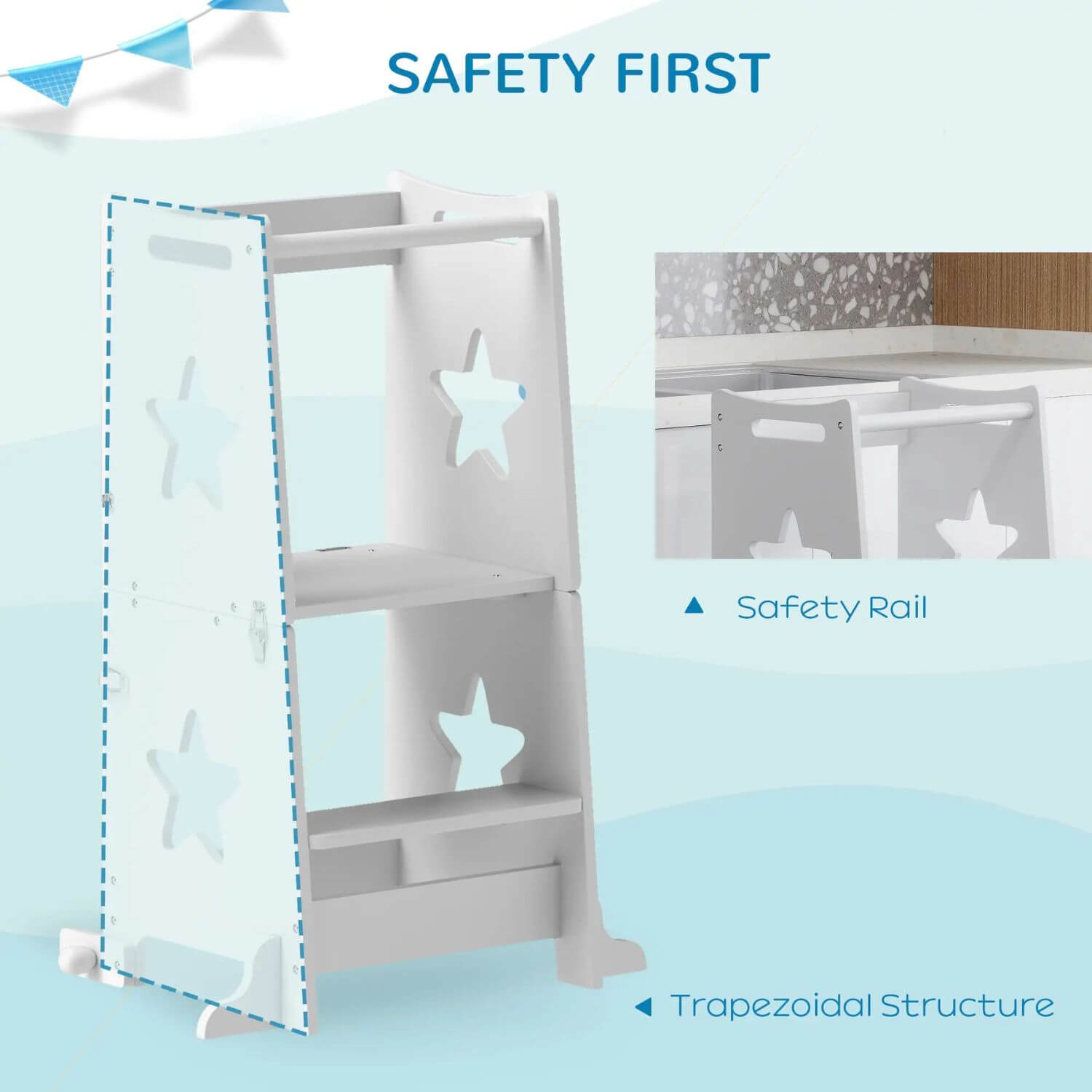 Qaba 2-in-1 Toddler Tower with Safety Rail White