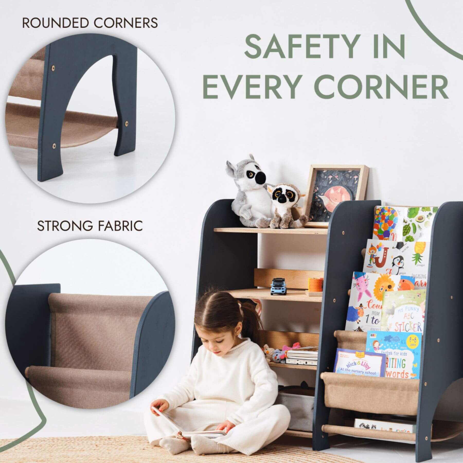 Goodevas Montessori Shelves for Toddler 2in1 with safety features highlighted