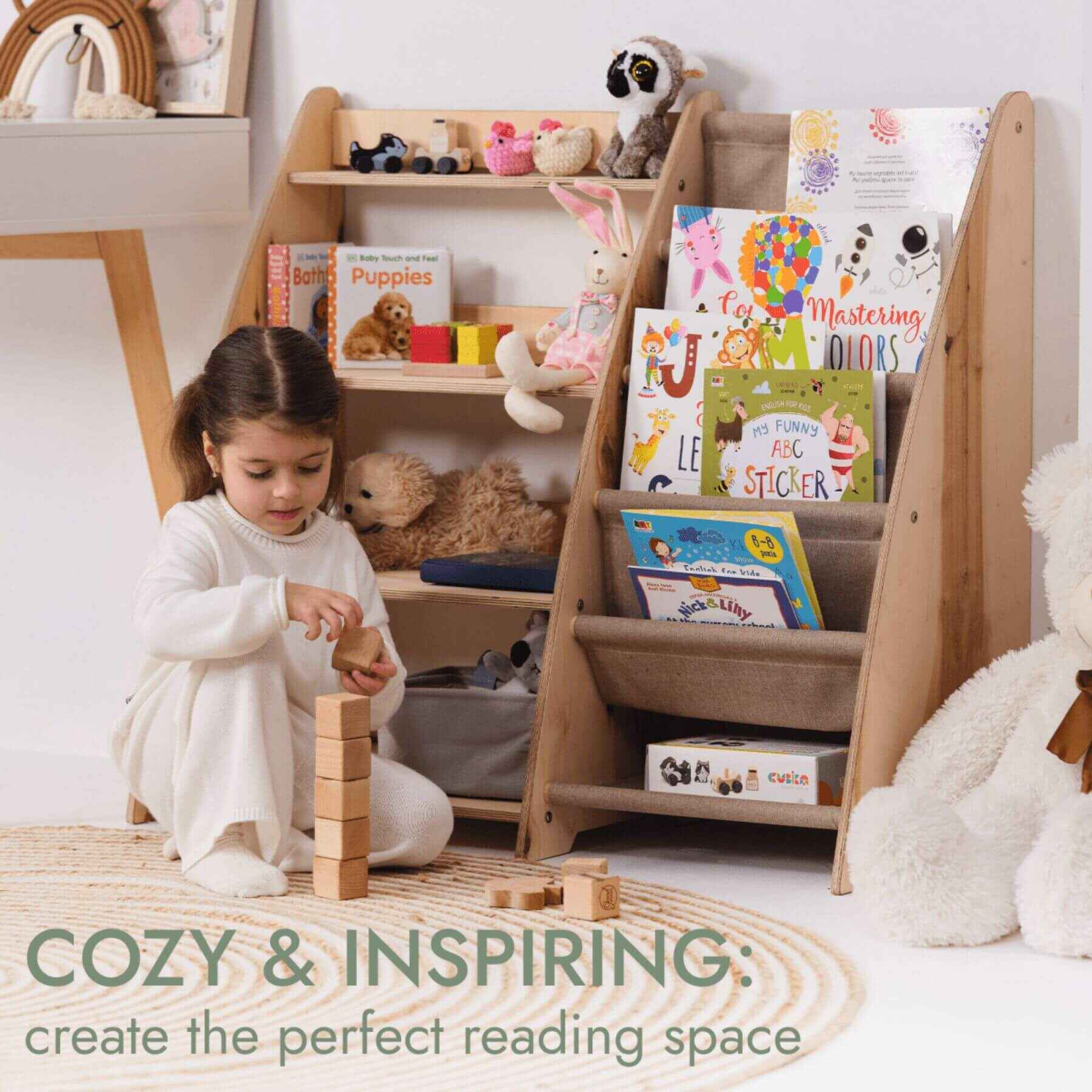 Child playing with wooden blocks in a cozy reading nook with books and toys.