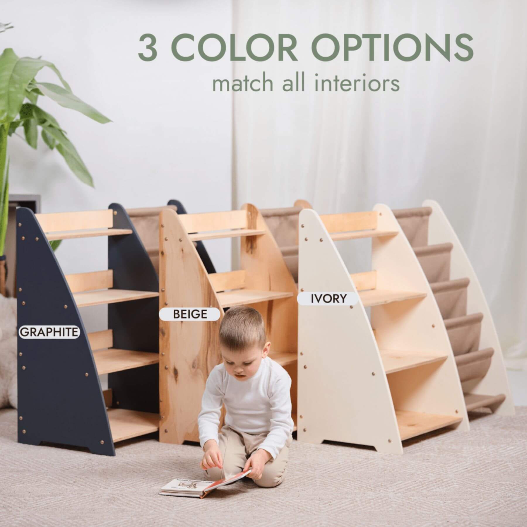 Goodevas 2in1 Montessori Shelf with three color options labeled Graphite, Beige, and Ivory, and a child reading a book.