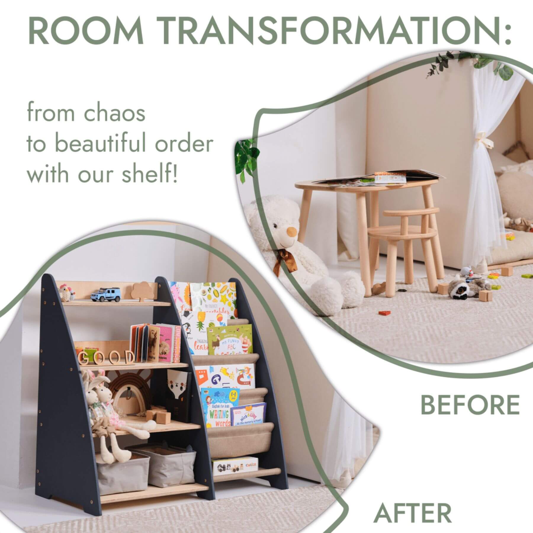 Room transformation before and after using a shelf, with text indicating chaos to order.