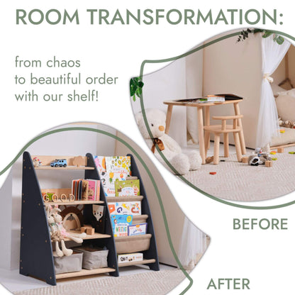 Room transformation before and after using a shelf, with text indicating chaos to order.