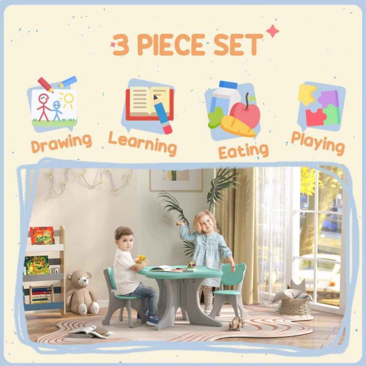 Kids Using Qaba 3pc Kids Table and Chairs Set for 3-6 Years Light Blue