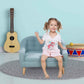 Girl Sitting on Qaba 2-Seat Kids Sofa Linen Fabric and Wooden Frame Sofa Blue