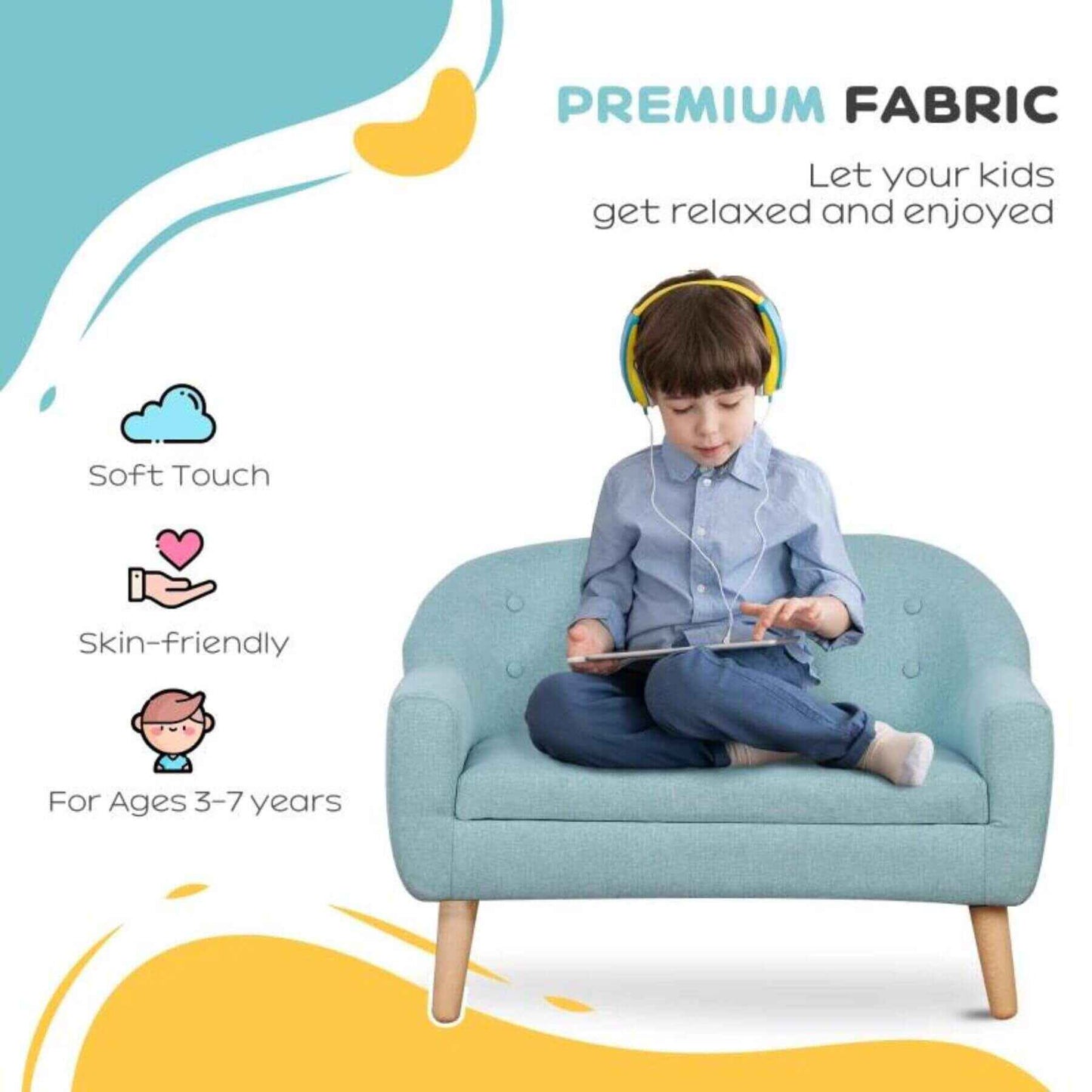 Boy Sitting on Qaba 2-Seat Kids Sofa Linen Fabric and Wooden Frame Sofa Blue