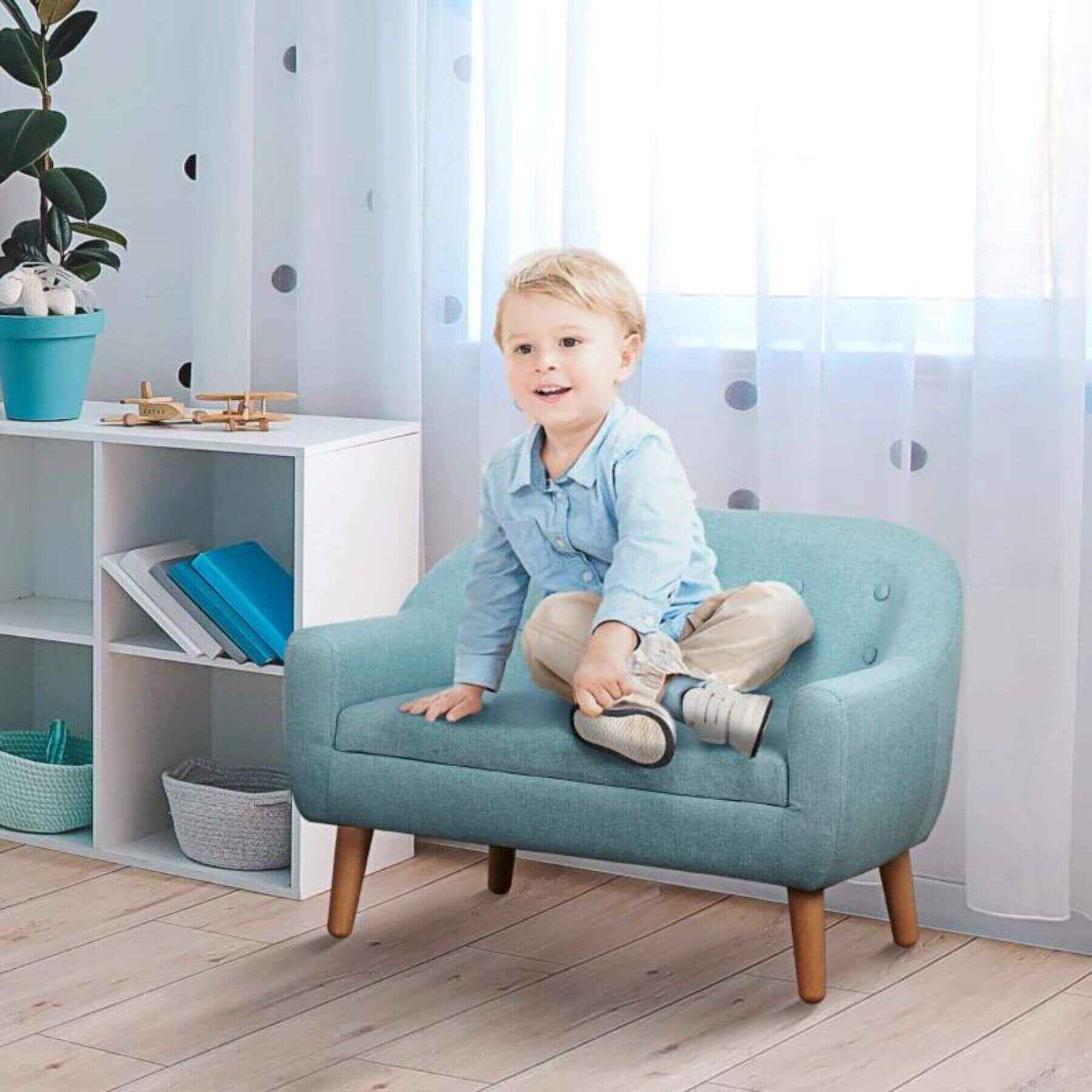 Boy Sitting on Qaba 2-Seat Kids Sofa Linen Fabric and Wooden Frame Sofa Blue