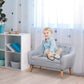 Boy Sitting onQaba 2-Seat Kids Sofa Linen Fabric and Wooden Frame Sofa Gray