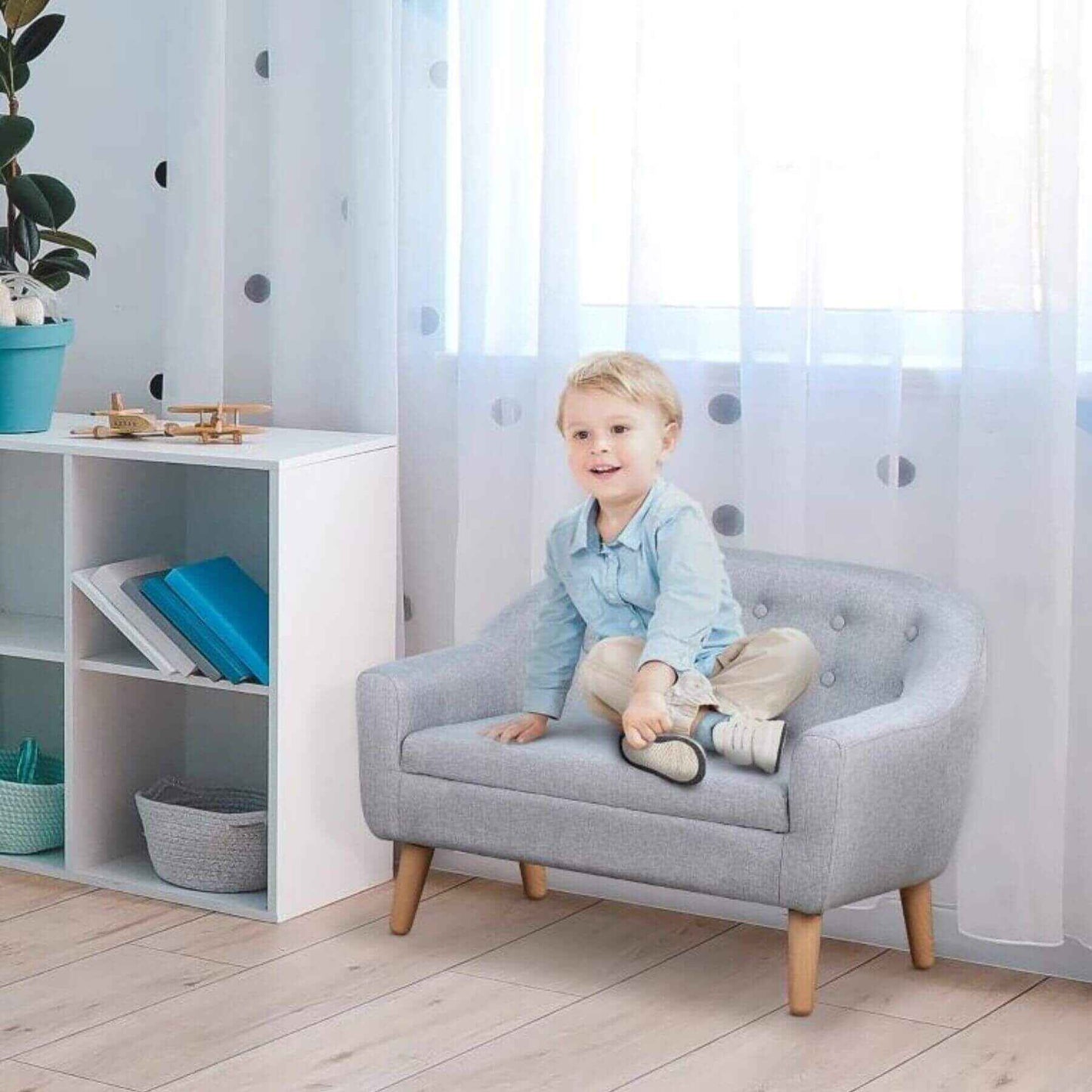 Boy Sitting onQaba 2-Seat Kids Sofa Linen Fabric and Wooden Frame Sofa Gray