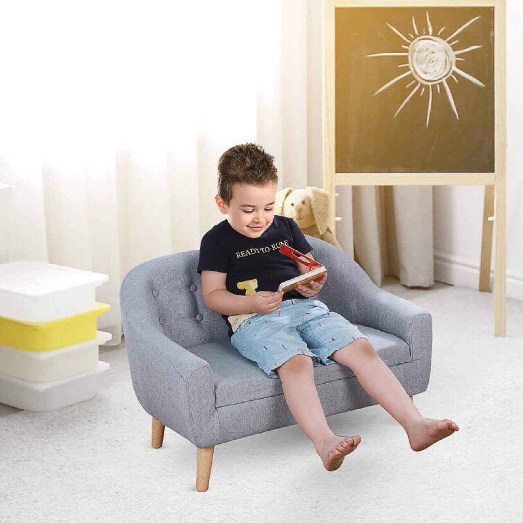 Boy Sitting on Qaba 2-Seat Kids Sofa Linen Fabric and Wooden Frame Sofa Gray