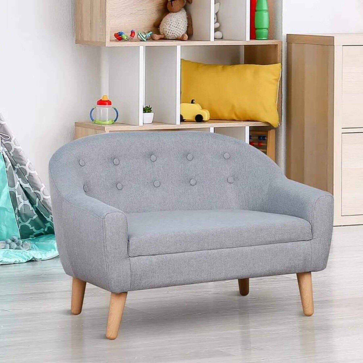 Qaba 2-Seat Kids Sofa Linen Fabric and Wooden Frame Sofa Gray