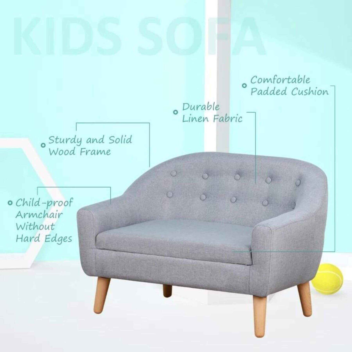 Qaba 2-Seat Kids Sofa Linen Fabric and Wooden Frame Sofa Gray