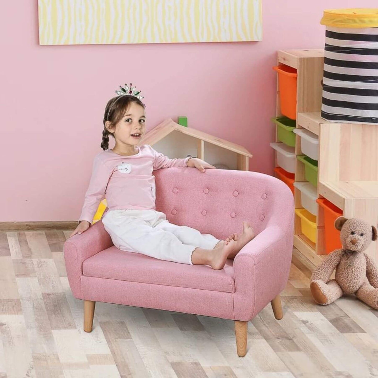 Girl Sitting on Qaba 2-Seat Kids Sofa Linen Fabric and Wooden Frame Sofa Pink