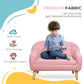 Boy Sitting on Qaba 2-Seat Kids Sofa Linen Fabric and Wooden Frame Sofa Pink