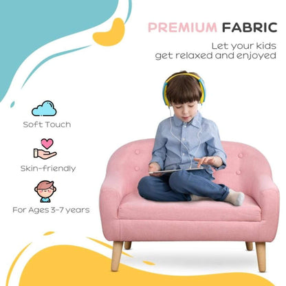 Boy Sitting on Qaba 2-Seat Kids Sofa Linen Fabric and Wooden Frame Sofa Pink