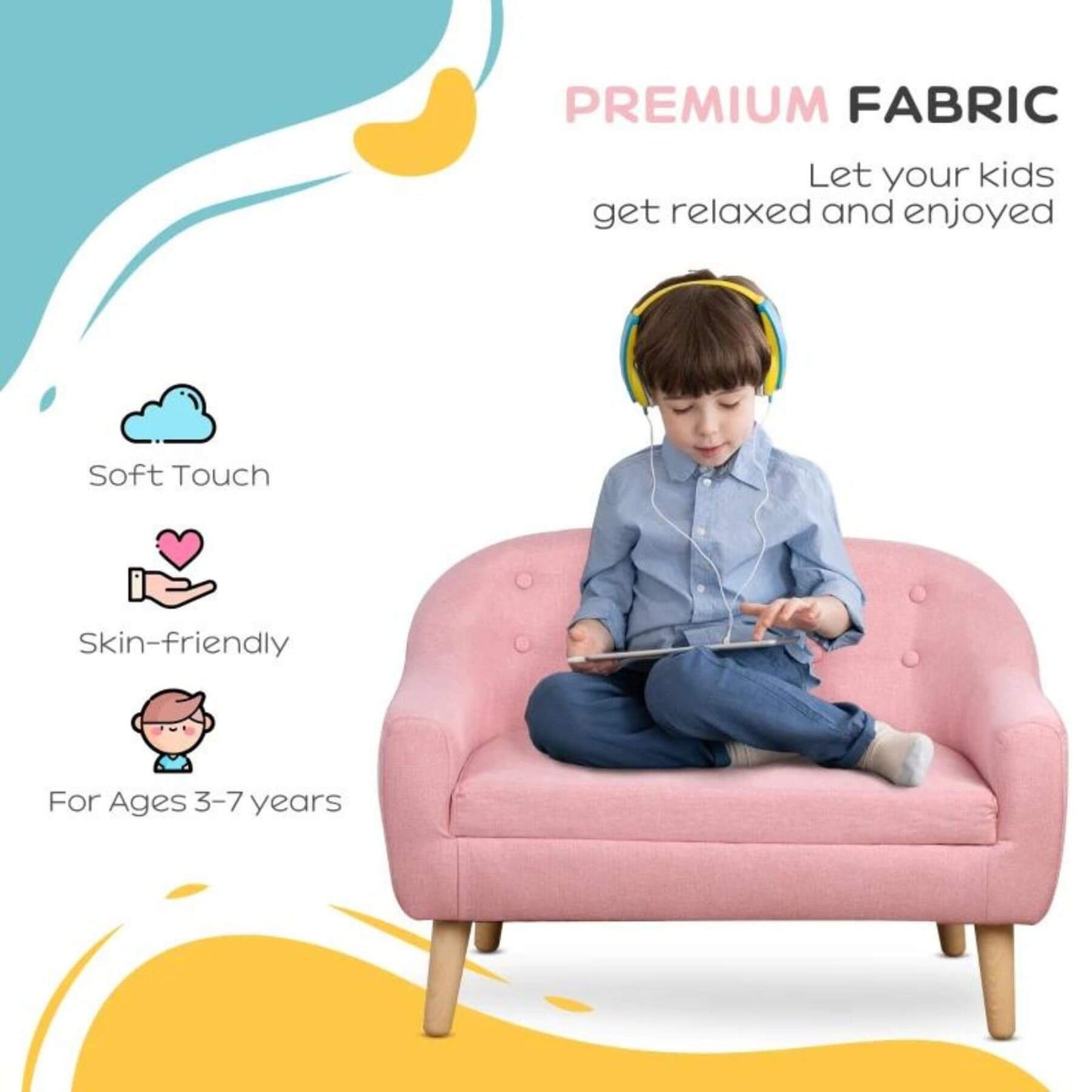 Boy Sitting on Qaba 2-Seat Kids Sofa Linen Fabric and Wooden Frame Sofa Pink