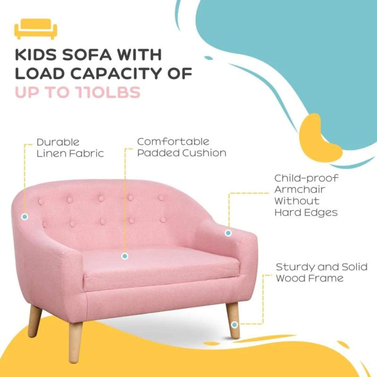 Qaba 2-Seat Kids Sofa Linen Fabric and Wooden Frame Sofa Pink