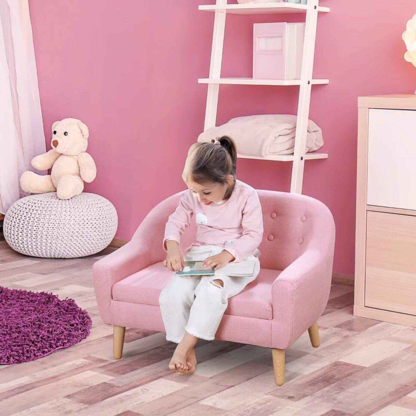 Girl Sitting on Qaba 2-Seat Kids Sofa Linen Fabric and Wooden Frame Sofa Pink