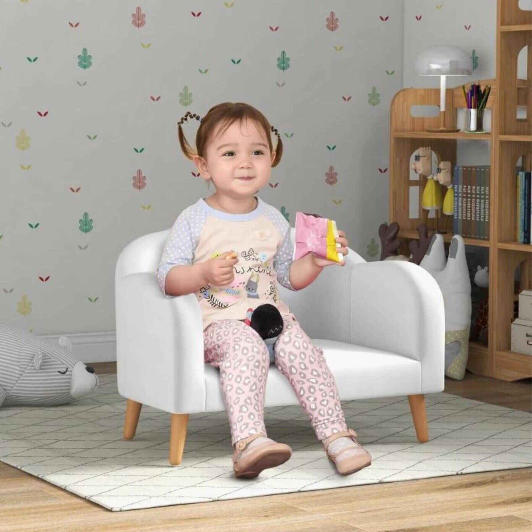 Girl Sitting on Qaba 2 Seater Kids Sofa with Soft Foam Padded, Anti-Tipping Design, White