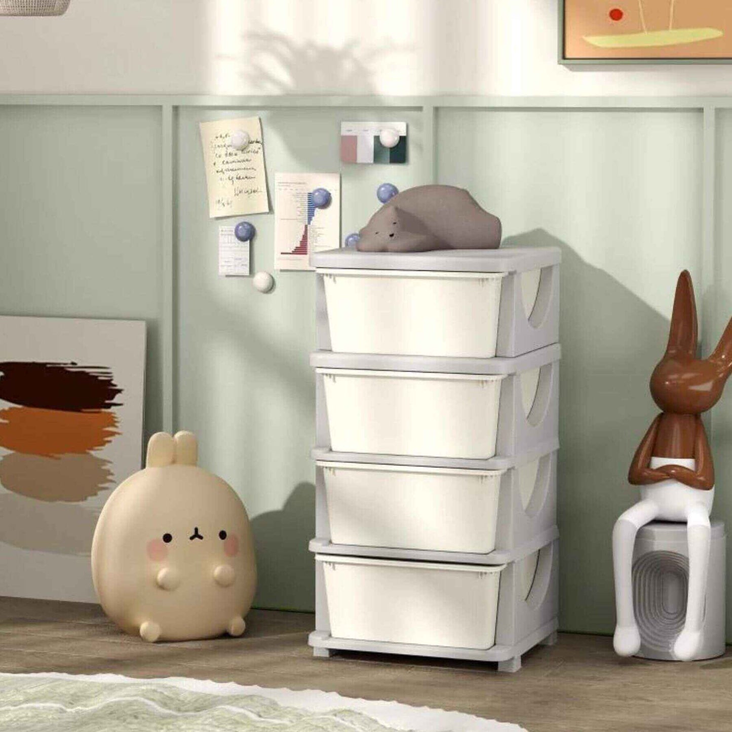 Qaba 30" 4-Tier Kids Storage Unit Dresser Tower w/ 4 Drawers Cream White