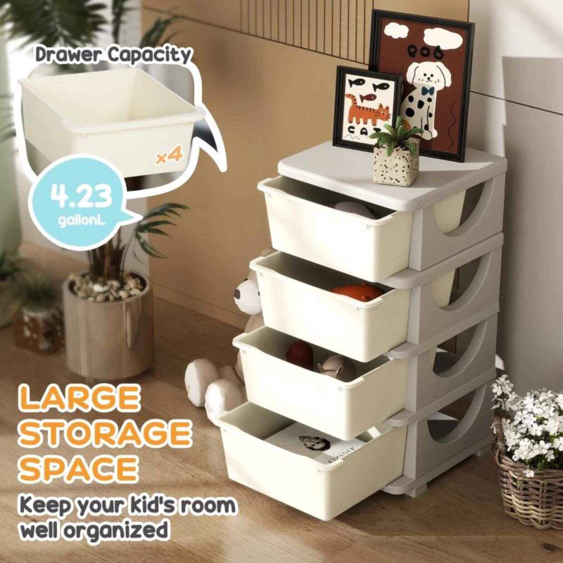 Qaba 4 Tier Kids Storage Unit, Toy Organizers and Storage with 4 Drawer Chest for Kids Bedroom Nursery Kindergarten Living Room for Boys Girls