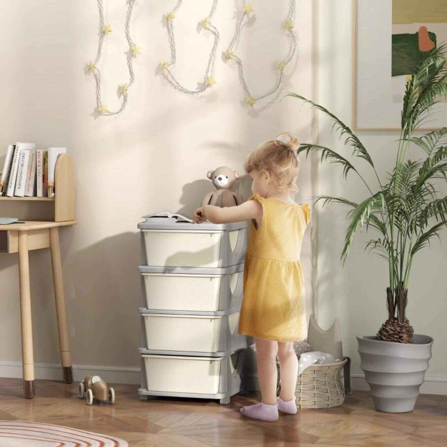 Boy Using Qaba 30" 4-Tier Kids Storage Unit Dresser Tower w/ 4 Drawers Cream White