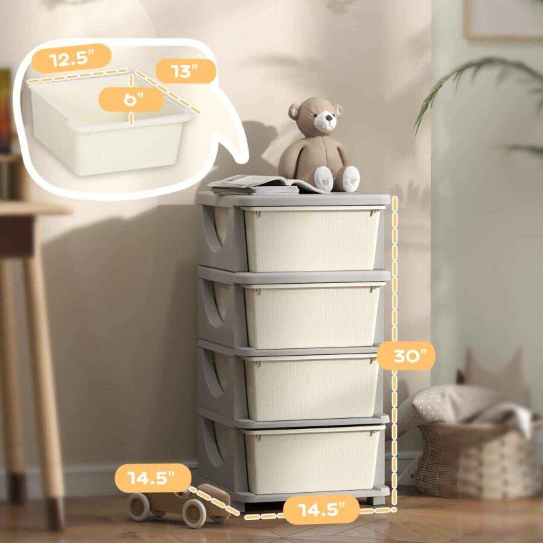 Qaba 30" 4-Tier Kids Storage Unit Dresser Tower w/ 4 Drawers Qaba 30" 4-Tier Kids Storage Unit Dresser Tower w/ 4 Drawers