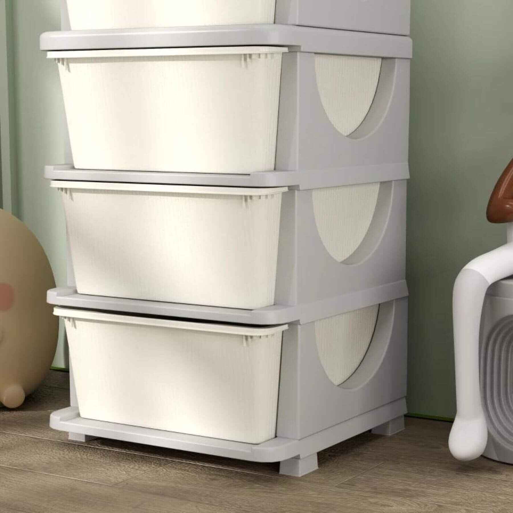 Detail of Qaba 30" 4-Tier Kids Storage Unit Dresser Tower w/ 4 Drawers Cream White