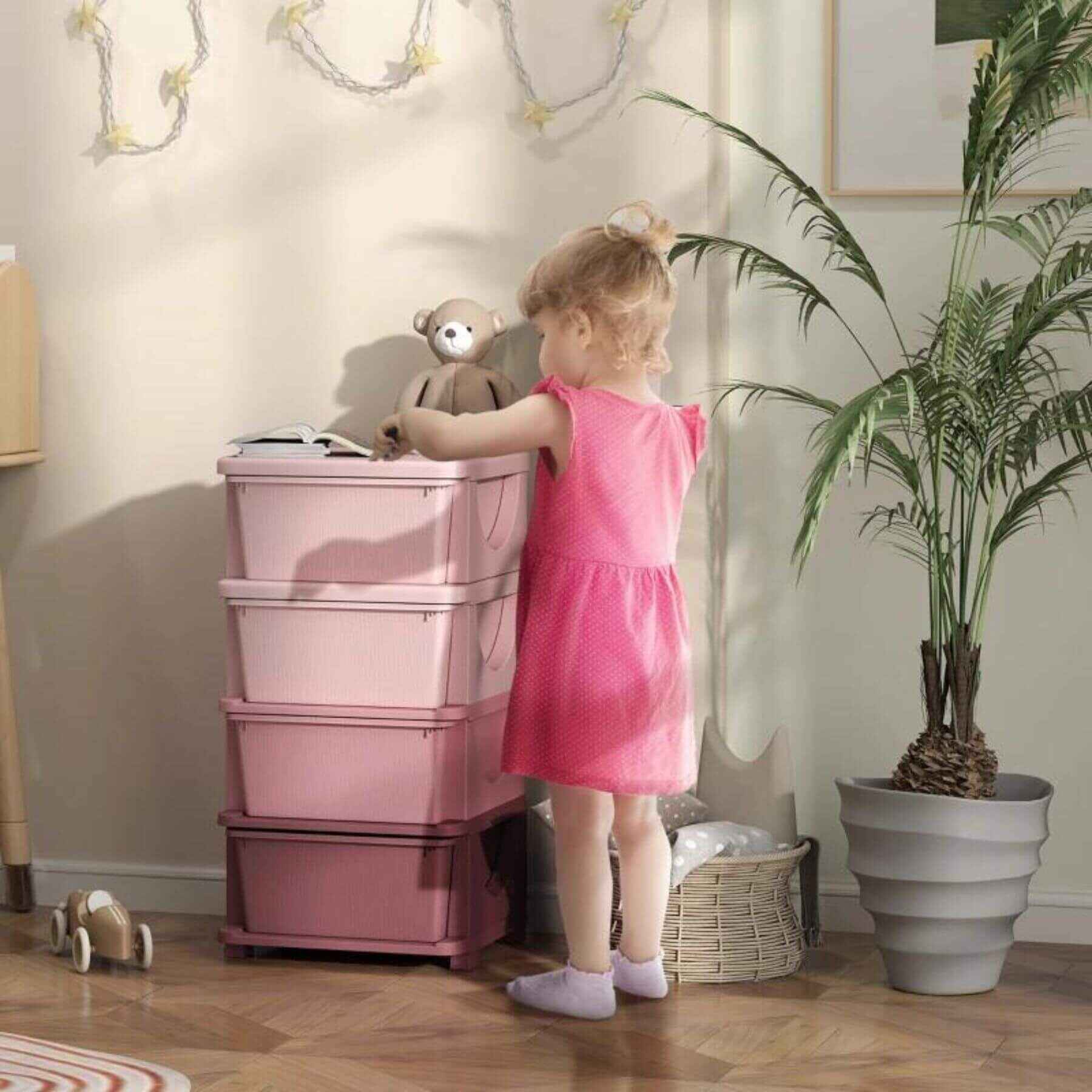 Girl Using Qaba 30" 4-Tier Kids Storage Unit Dresser Tower w/ 4 Drawers Pink