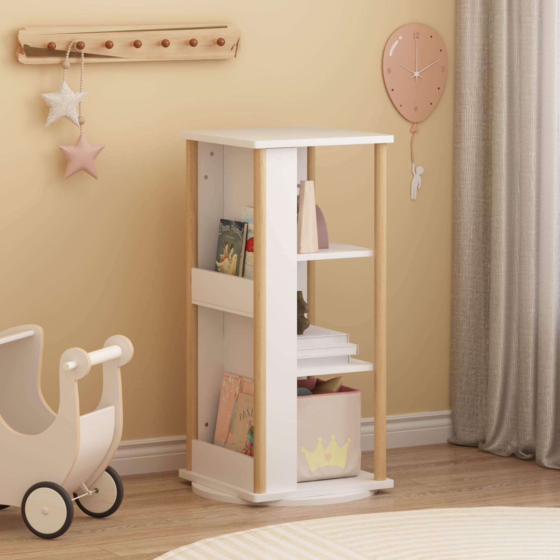 MOONRIVER 360° Rotating Kids Bookshelf with toys in a room setting