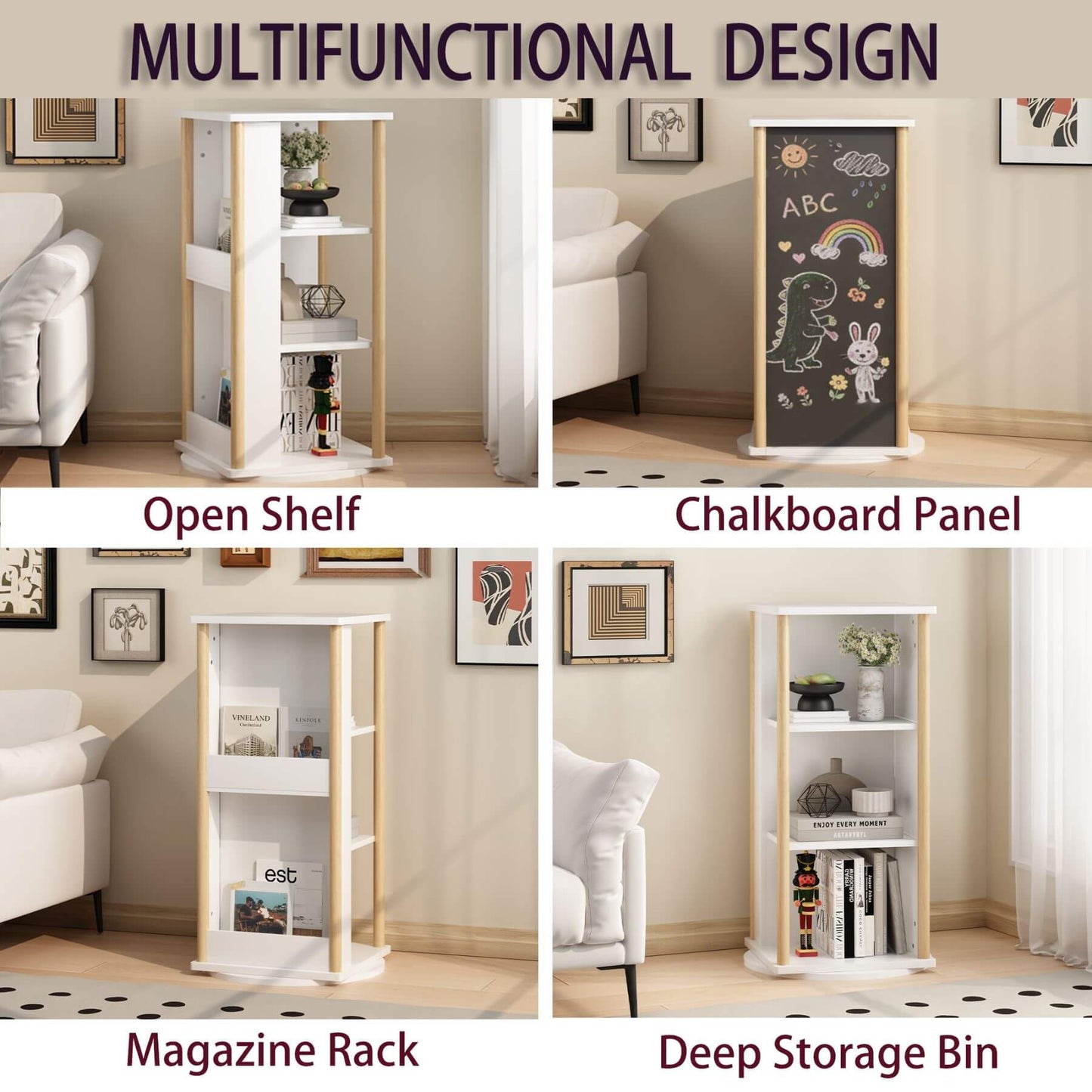 Multifunctional design product with open shelf, chalkboard panel, magazine rack, and deep storage bin in a living room setting.