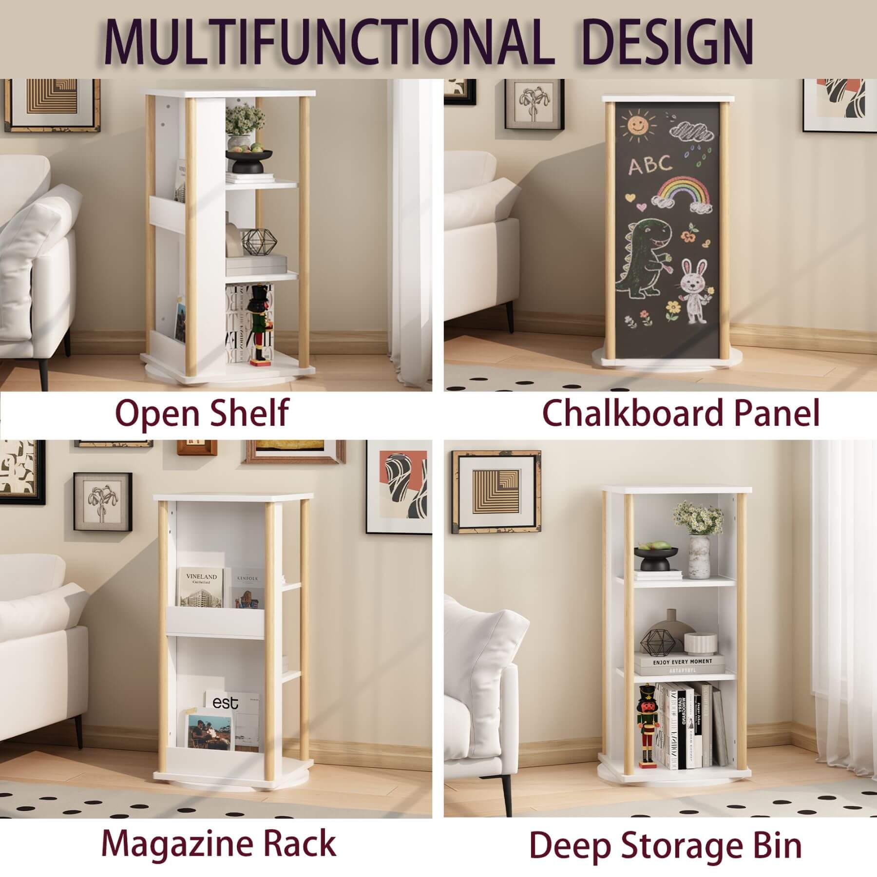 Multifunctional design product with open shelf, chalkboard panel, magazine rack, and deep storage bin in a living room setting.