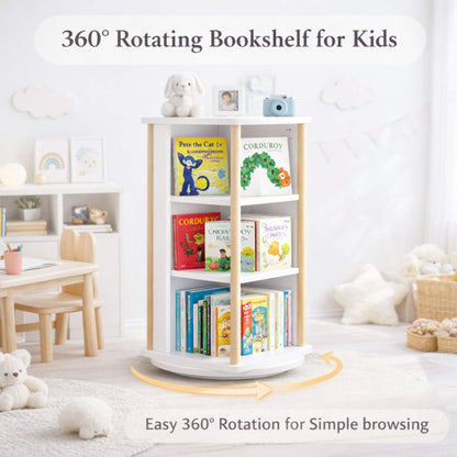 MOONRIVER 360° Rotating Kids Bookshelf for kids with books and toys on a white background