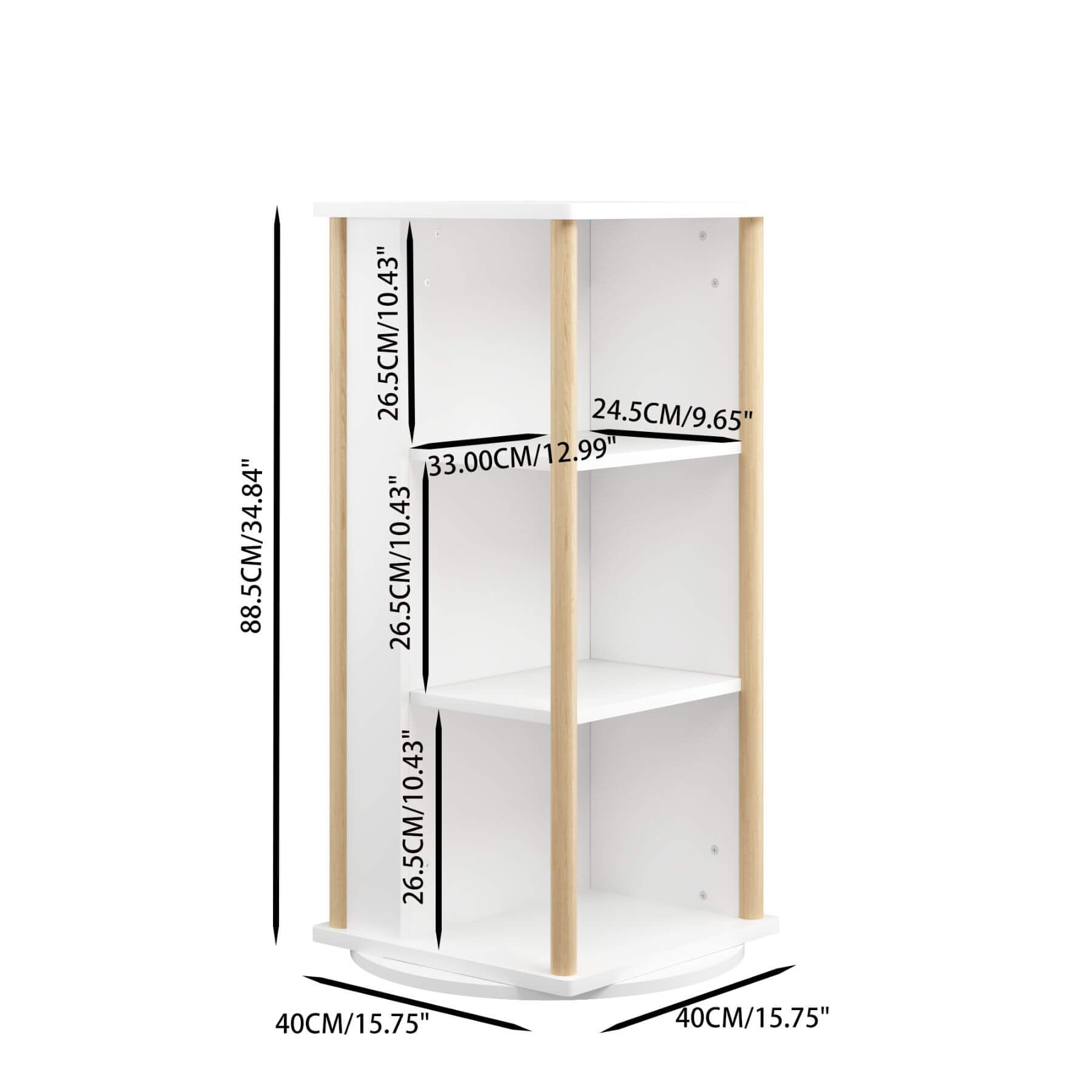 MOONRIVER 360° Rotating Kids Bookshelf with dimensions labeled on a white background