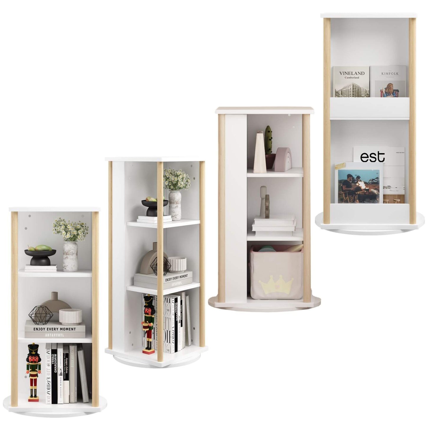 Set of white and wood corner shelves with various decorative items on a white background