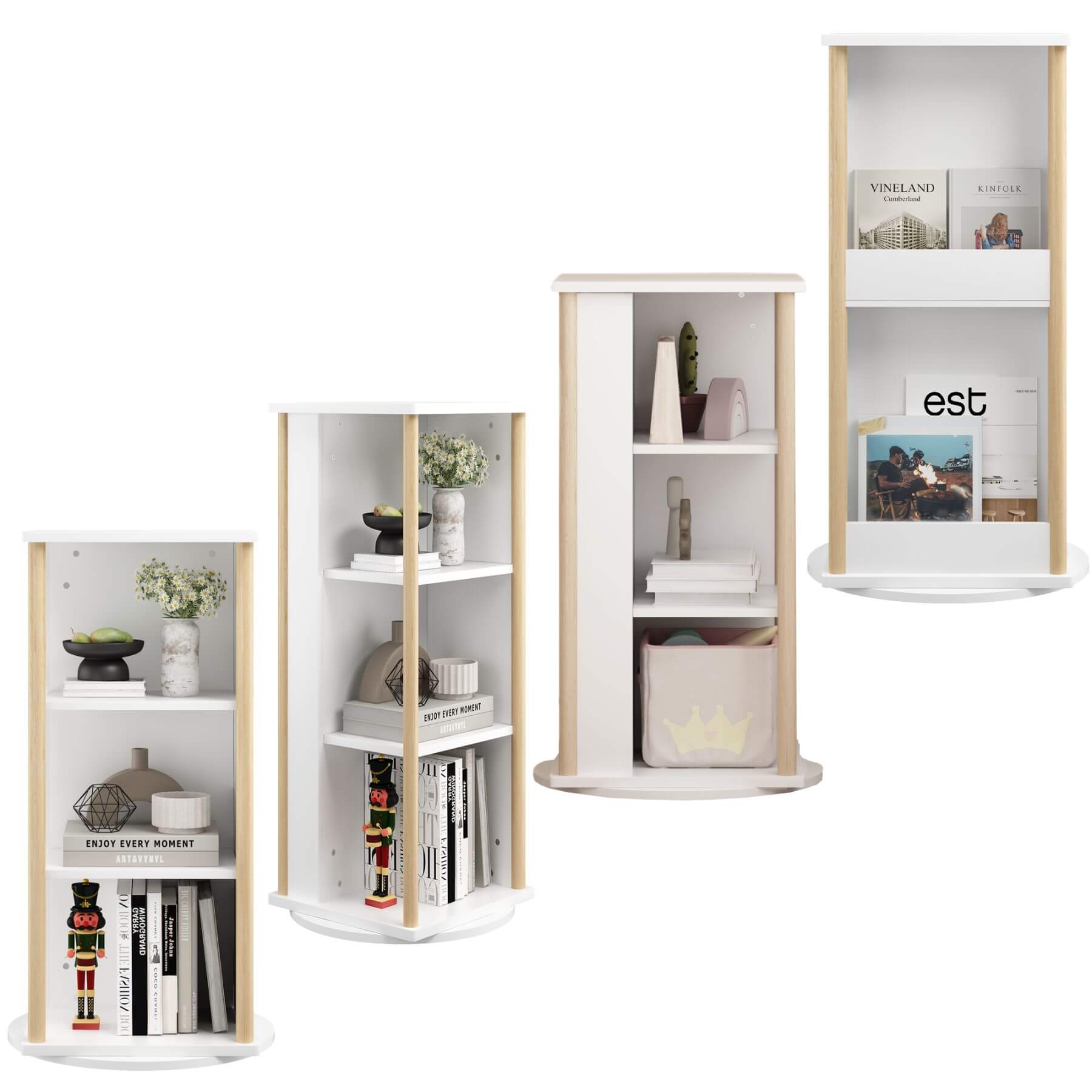 Set of white and wood corner shelves with various decorative items on a white background