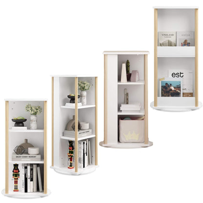 Set of white and wood corner shelves with various decorative items on a white background