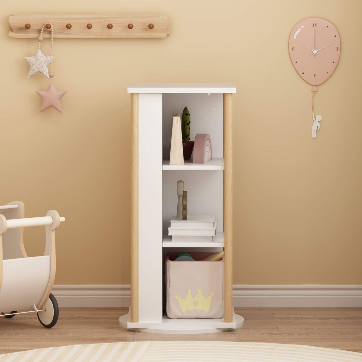 MOONRIVER 360° Rotating Kids Bookshelf against a beige wall with toys and decor items.