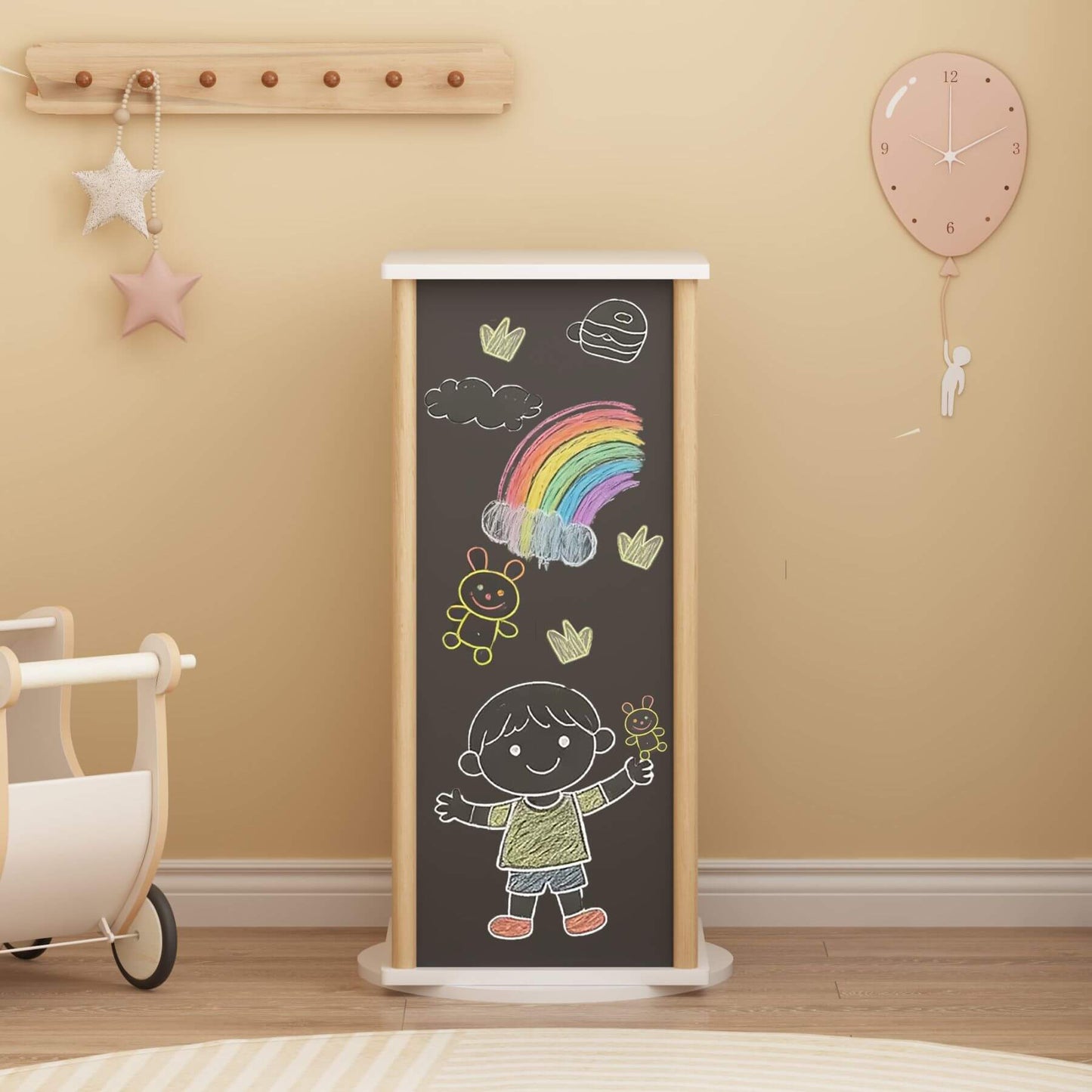 MOONRIVER 360° Rotating Kids Bookshelf with colorful drawings in a room with a clock and toy.