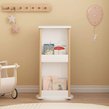 MOONRIVER 360° Rotating Kids Bookshelf with books against a beige wall, next to a toy cart and decorative items.