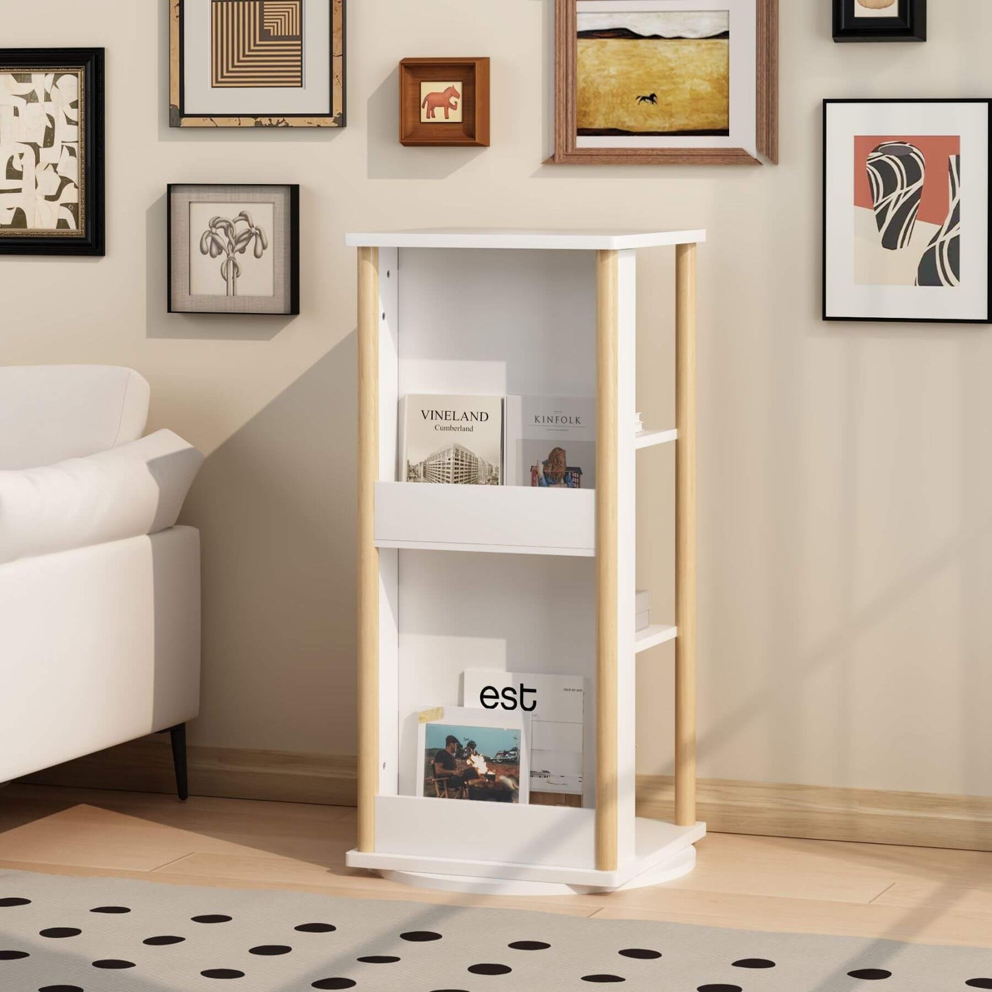 MOONRIVER 360° Rotating Kids Bookshelf with wooden accents in a living room setting.