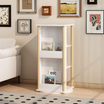 MOONRIVER 360° Rotating Kids Bookshelf with wooden accents in a living room setting.