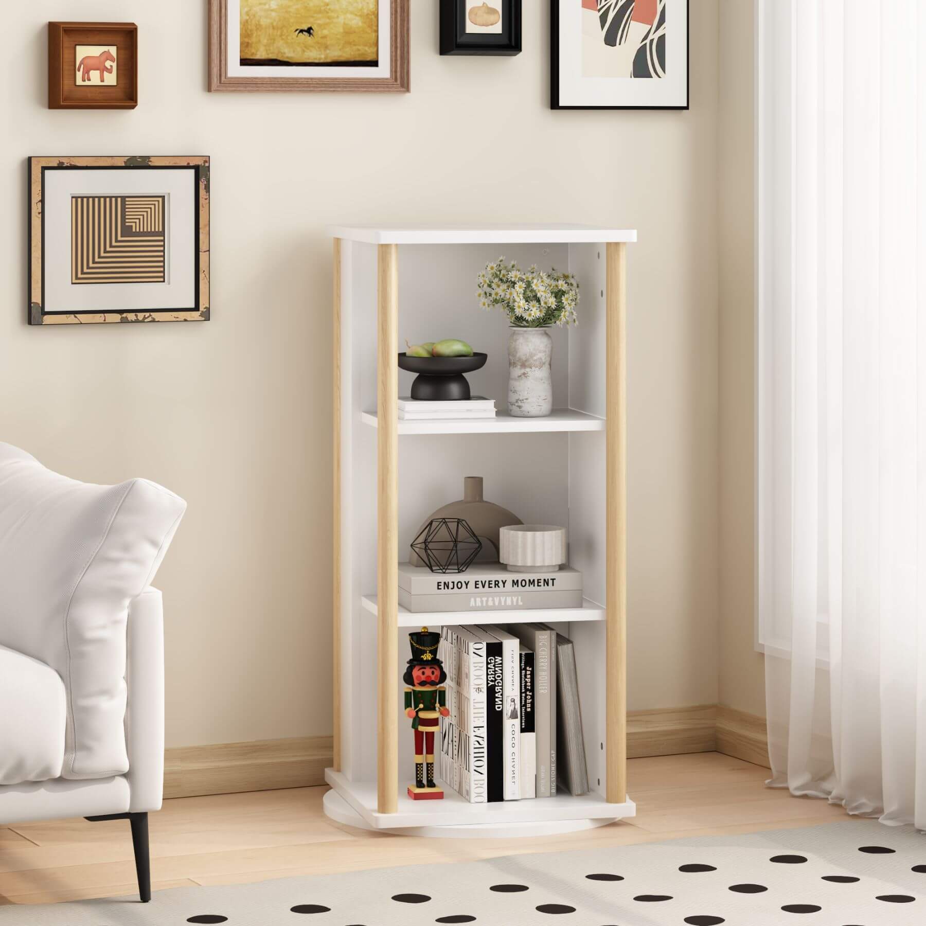 MOONRIVER 360° Rotating Kids Bookshelf in a room with framed pictures on the wall.
