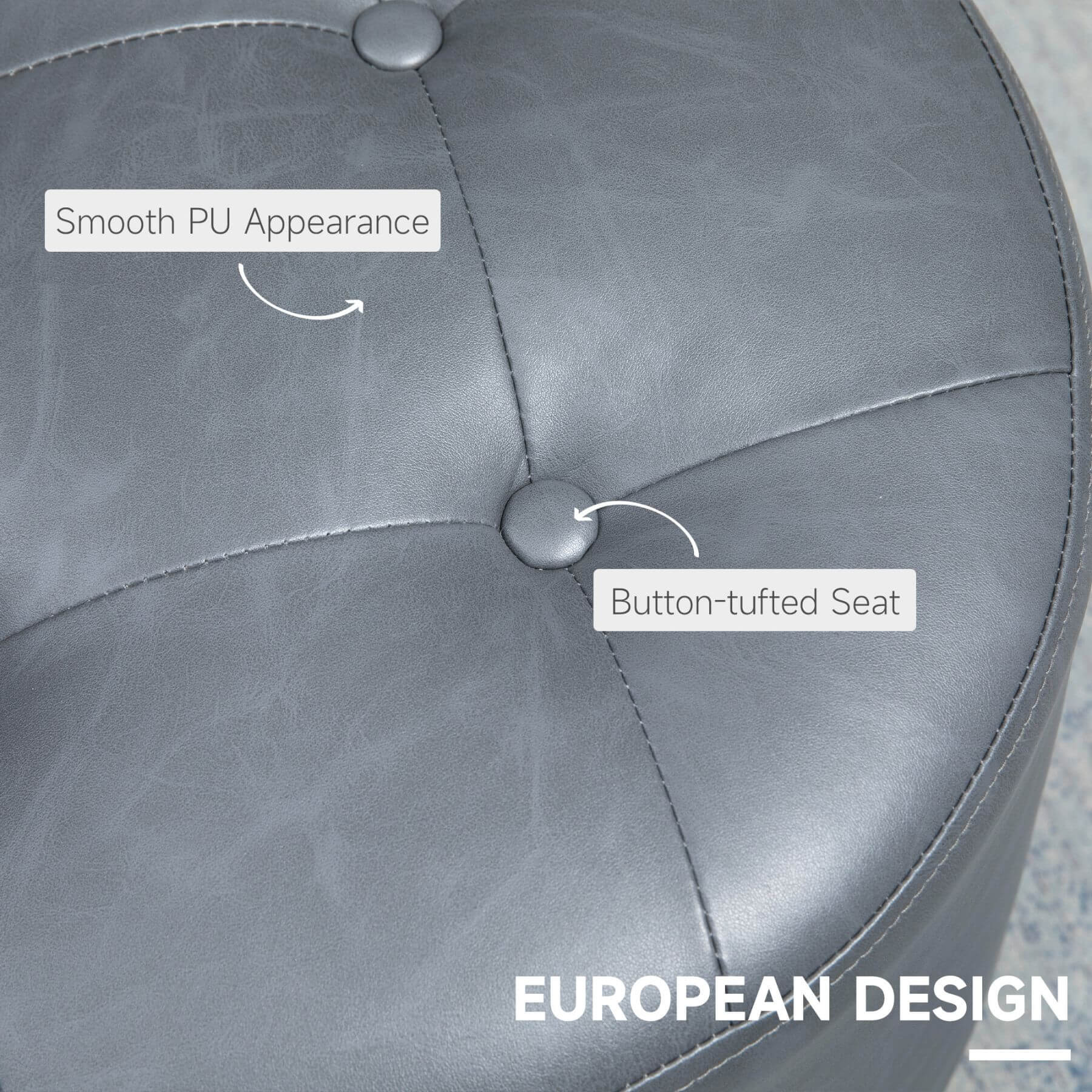 Gray button-tufted ottoman with smooth PU appearance, labeled 'European Design'.