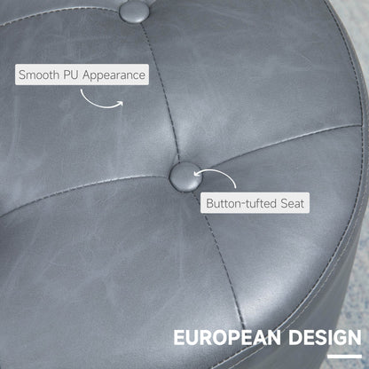 Gray button-tufted ottoman with smooth PU appearance, labeled 'European Design'.