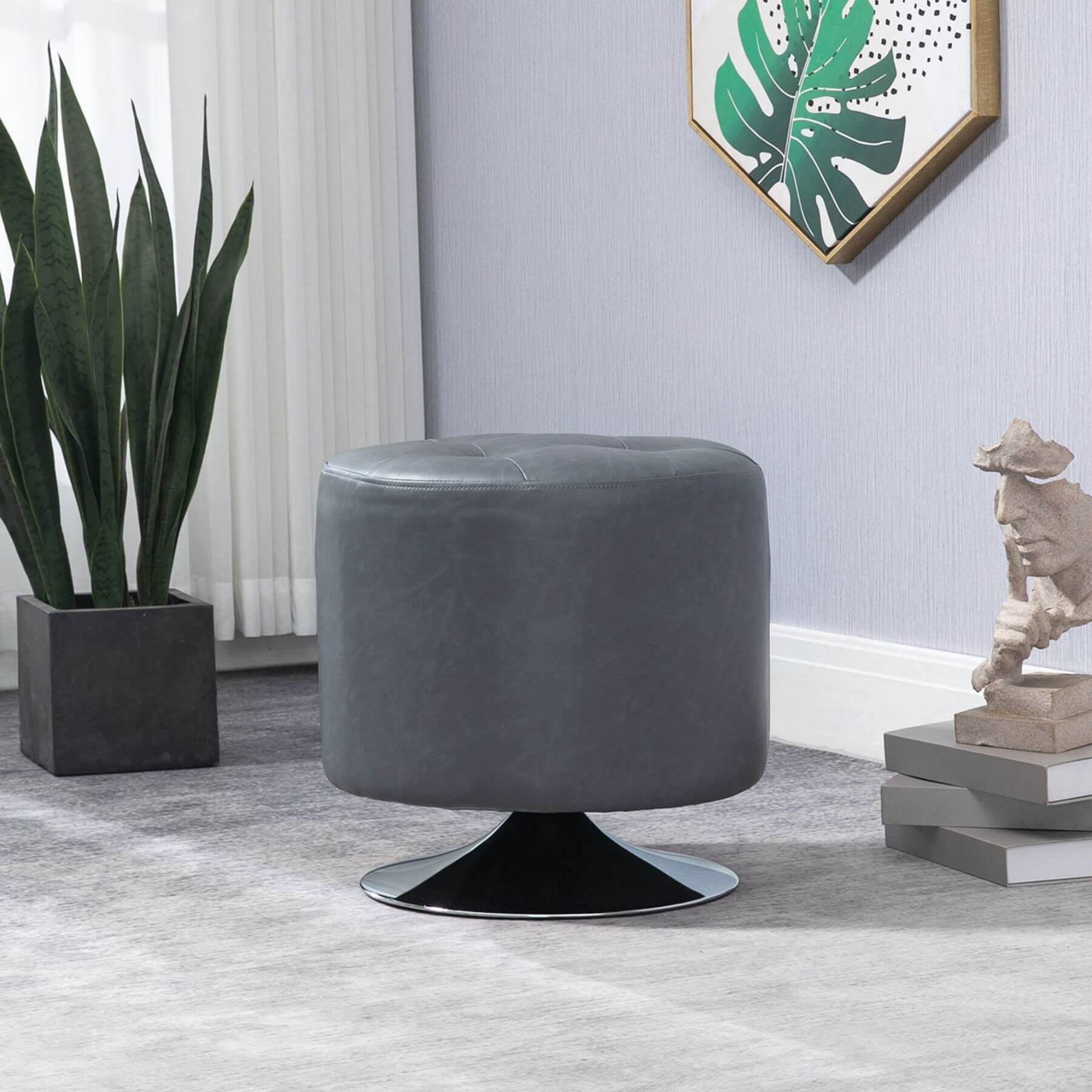 HOMCOM 360° Swivel Foot Stool Round - Gray in a room with a plant and decorative items.