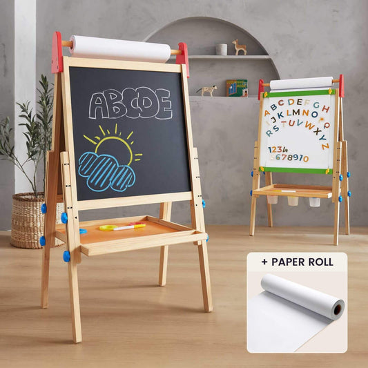 Tiny Land® 3-in-1 Art Easel & Paper Roll Set, featuring alphabet and numbers, in a room setting.