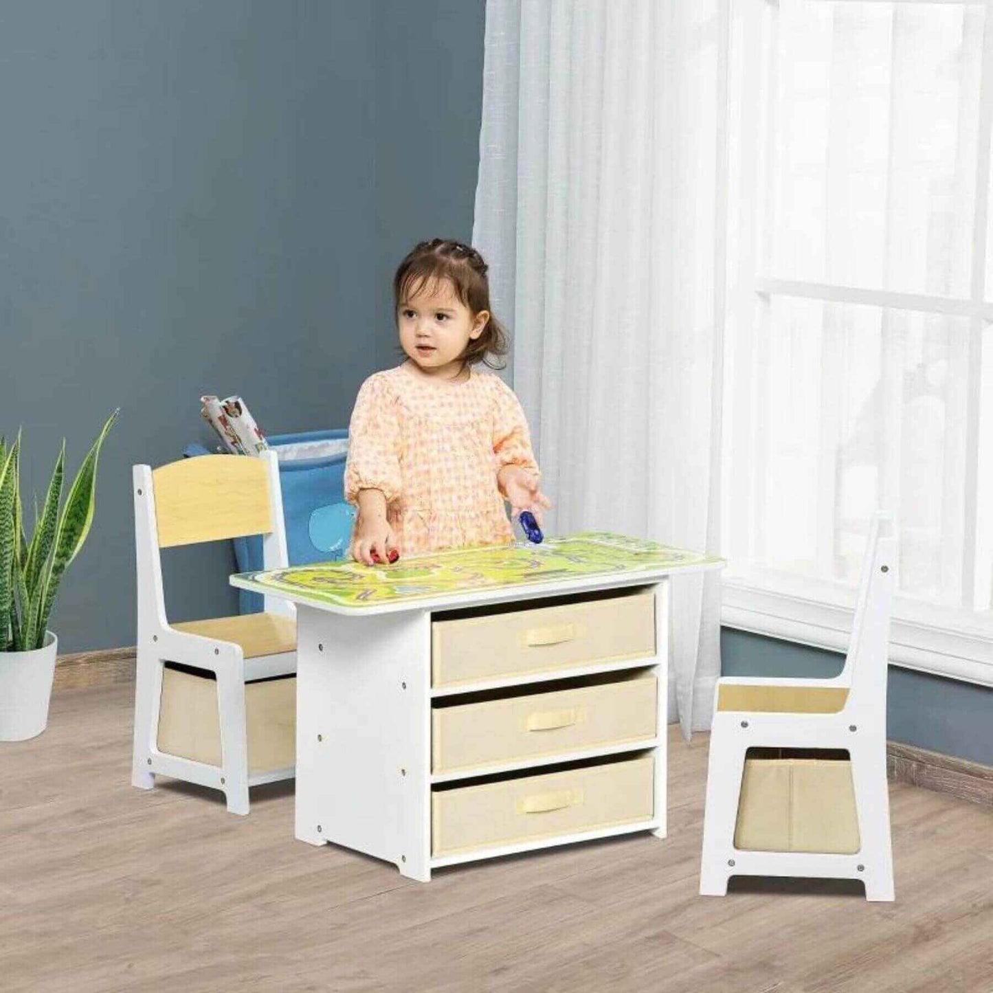 Girl Using Qaba 3-in-1 Kids Activity Table and Chairs Set with 3 Surfaces Natural Wood