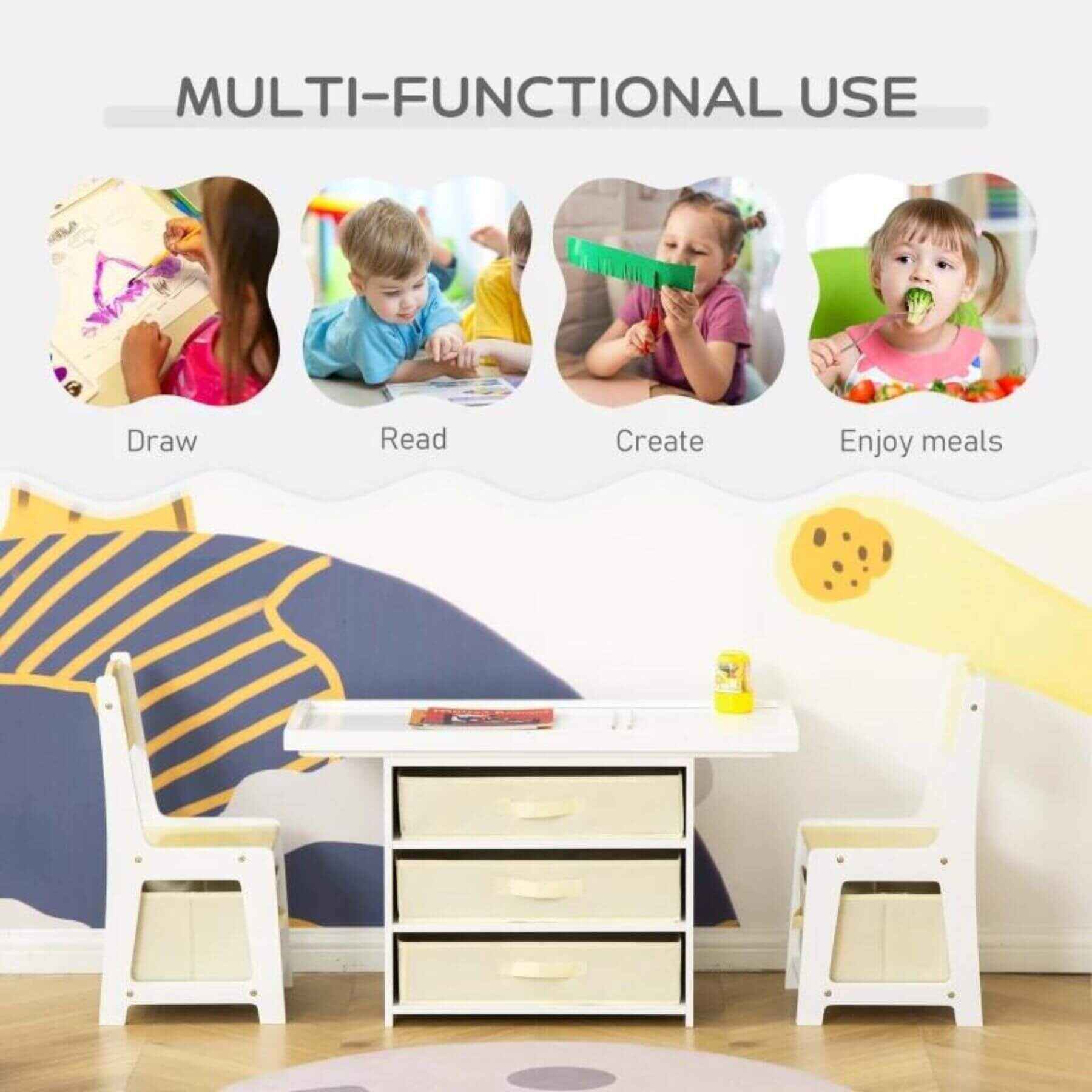 Qaba 3-in-1 Kids Activity Table and Chairs Set with 3 Surfaces Natural Wood