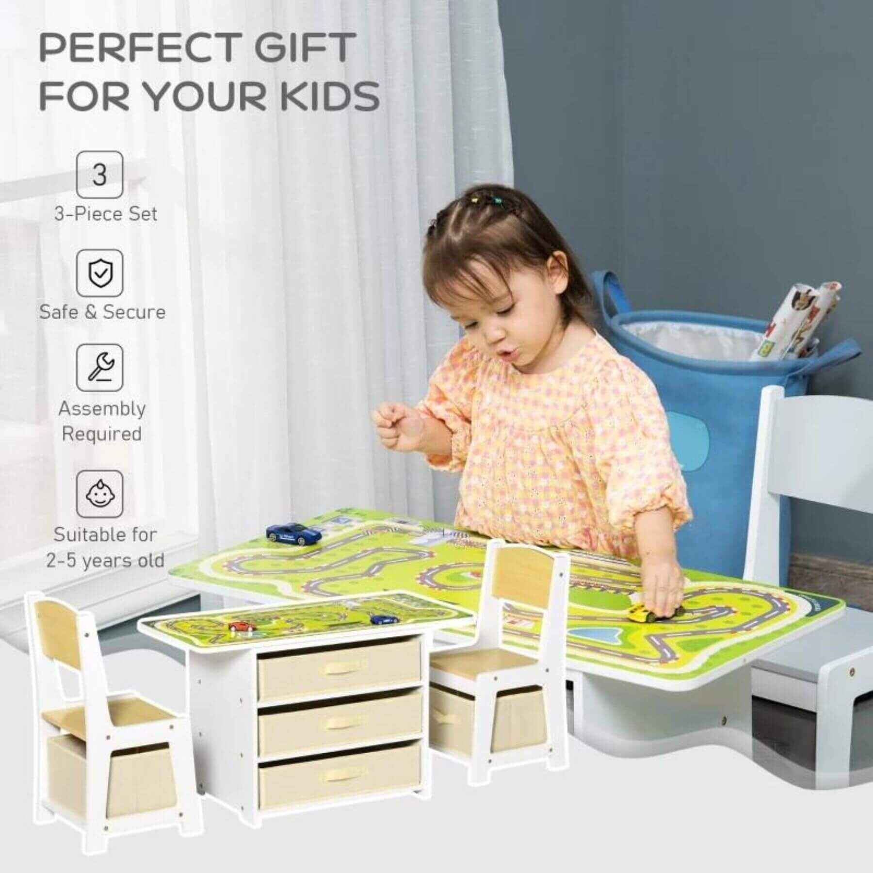 Girl Using Qaba 3-in-1 Kids Activity Table and Chairs Set with 3 Surfaces Natural Wood